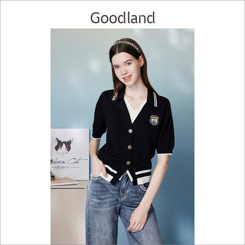 Goodland美地夏季女装时尚撞色海鸥领针织衫