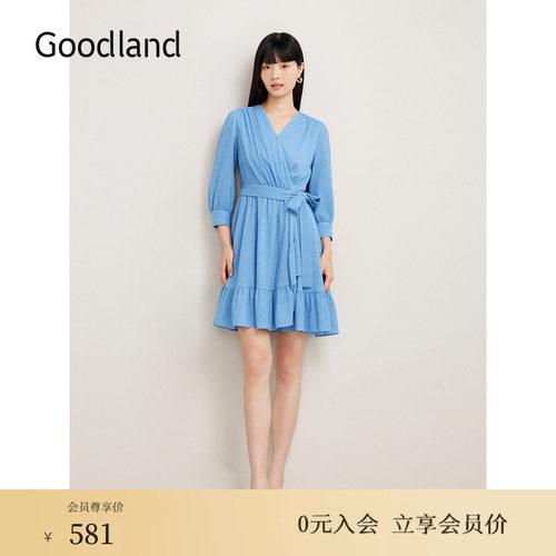 Goodland美地春季蔚蓝色V领茶歇荷叶花边连衣裙