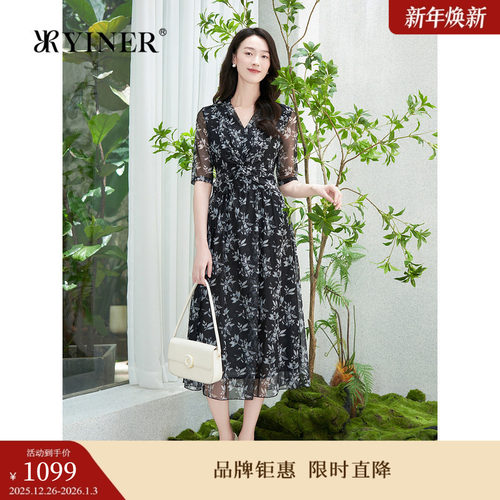 YINER音儿专选女装秋季法式夏日度假艺术印花网纱V领收腰连衣裙