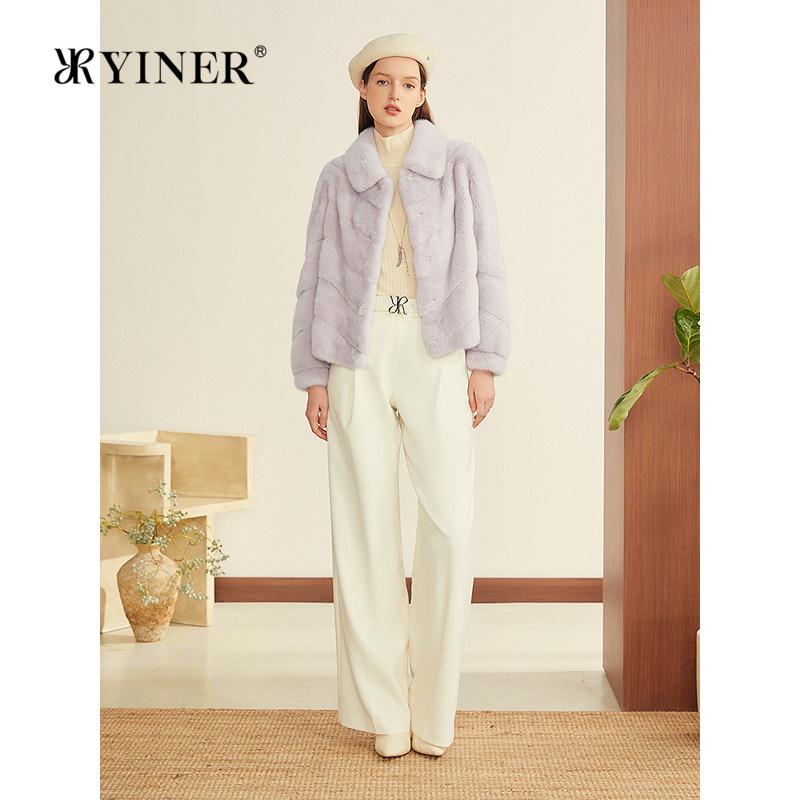 YINER音儿冬季新款进口水貂毛羊皮革拼接翻领短皮草外套