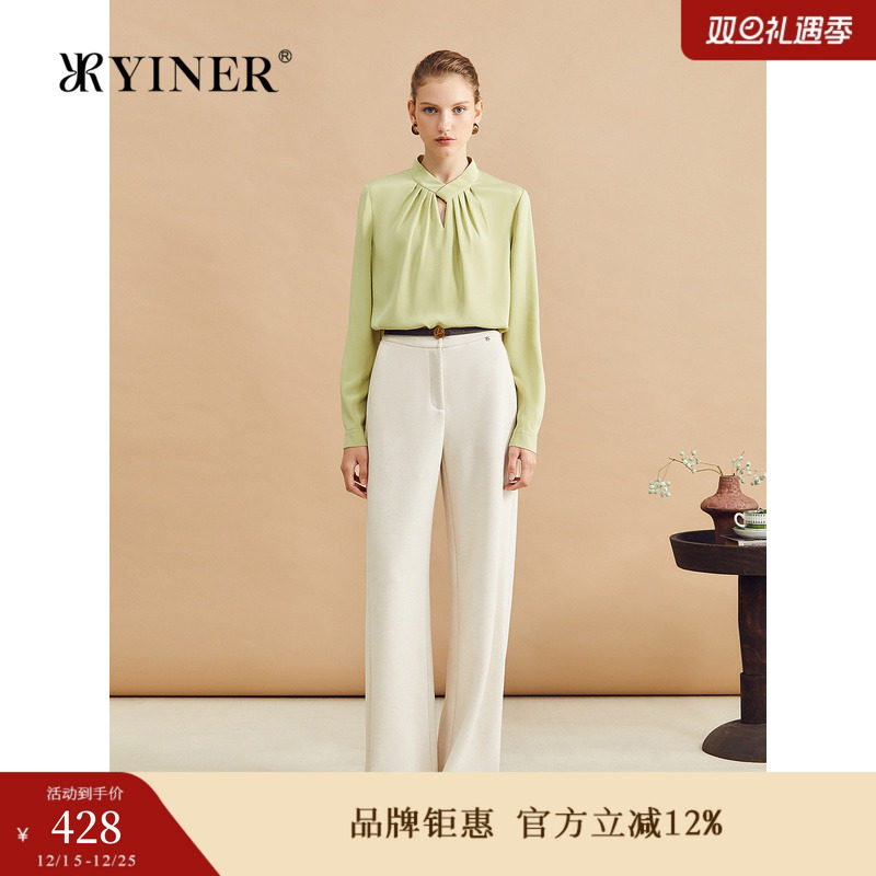 YINER音儿女装冬季时尚弹力重绉真丝衬衫桑蚕丝镂空褶法式上衣