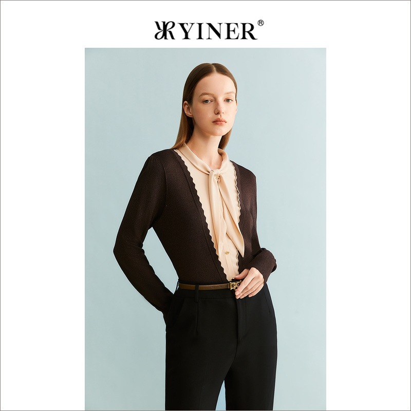 YINER音儿专选女装秋季法式优雅套头上衣撞色飘带领针织衫