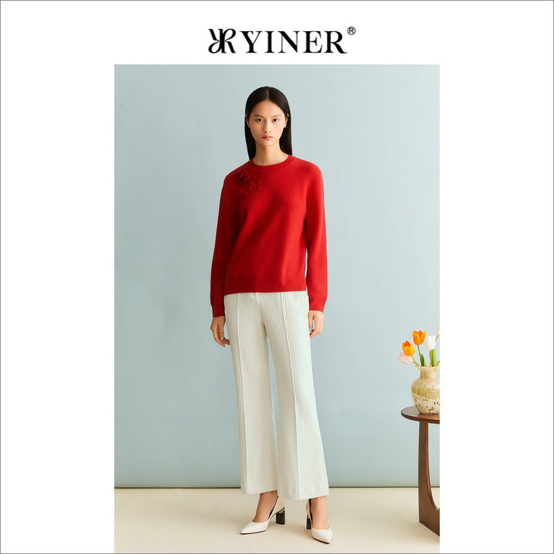 【中国红】YINER音儿女装冬季安可拉红羊绒绵羊毛针织衫