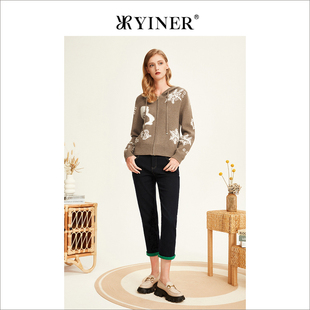 YINER音儿女装 冬季 印花设计感连帽卫衣羊毛针织开衫