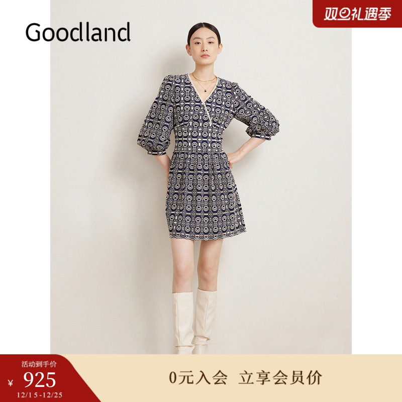 Goodland美地春季法式优雅镂空刺绣V领泡泡袖连衣裙