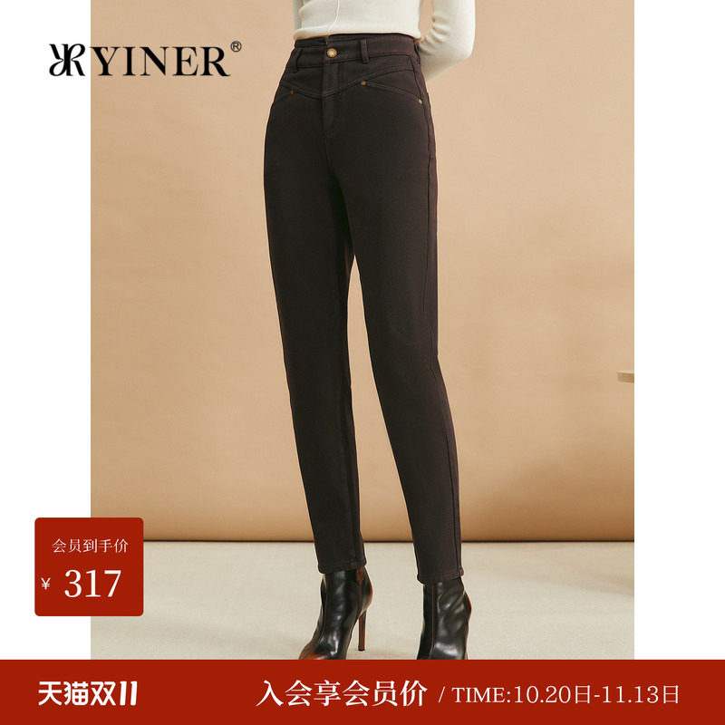 YINER音儿女装冬季时尚亲肤棉锥形长裤高腰百搭小脚牛仔裤黑色裤