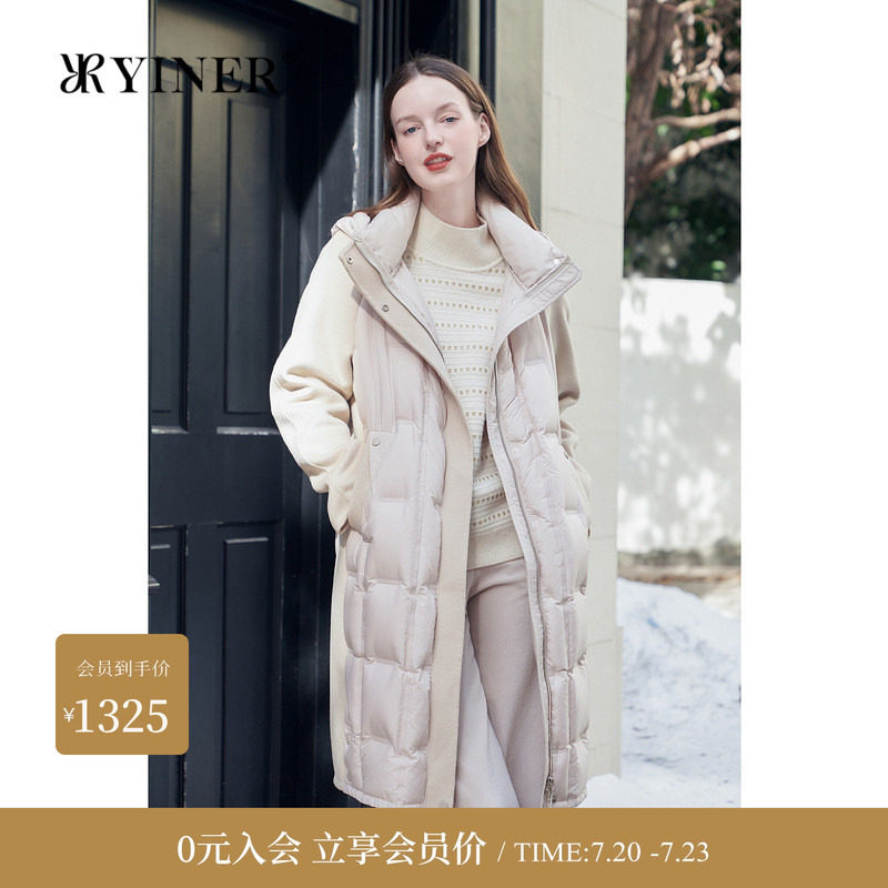 YINER音儿专选女装冬季时尚中长款撞色羊毛呢拼接连帽羽绒服