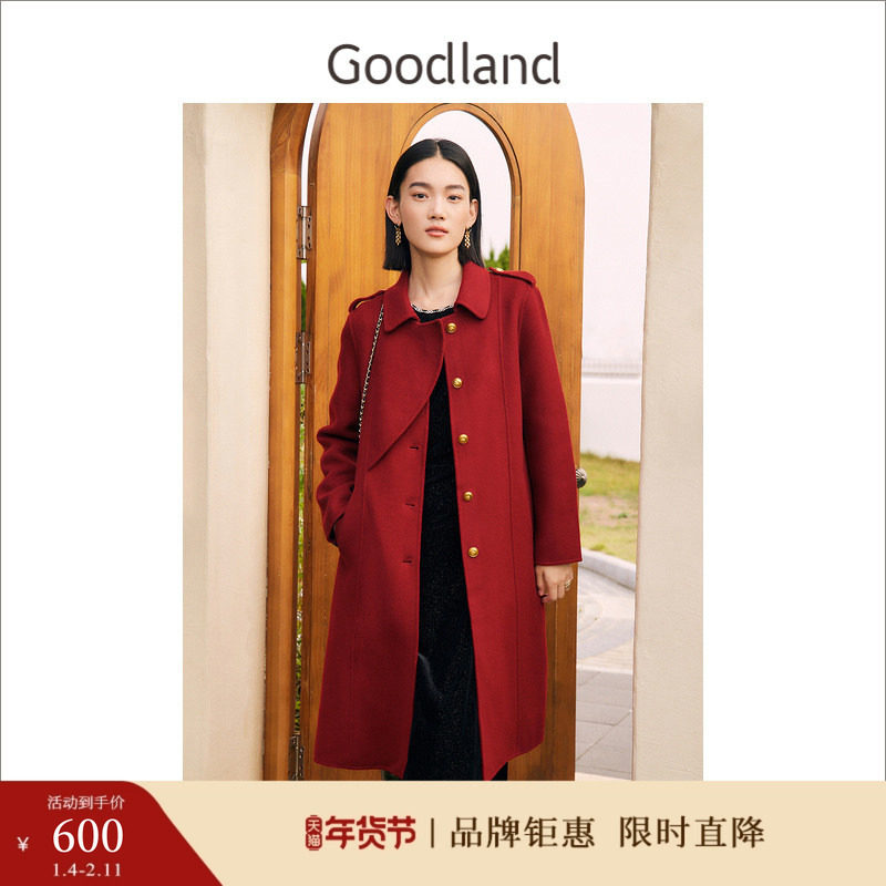 【中国红】Goodland美地女装冬季风衣式双面羊毛呢大衣,女装/女士精品,毛呢外套,淘宝优惠券,粉丝福利购,淘宝优惠卷