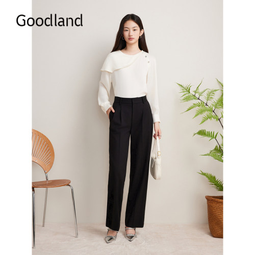 Goodland美地秋季飞片翻领斜纹衬衫法式缎感上衣长袖