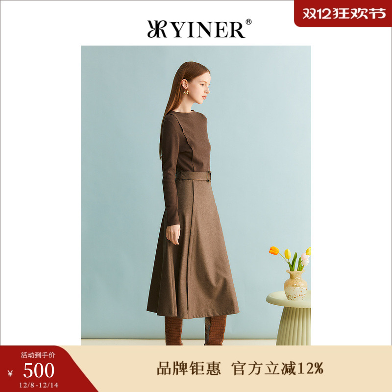 YINER音儿女装冬季时尚绵羊毛拼接针织收腰A字连衣裙