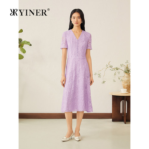 YINER音儿专选法式V领压褶雪纺连衣裙蝶恋花蕾丝修身裙子女短袖夏