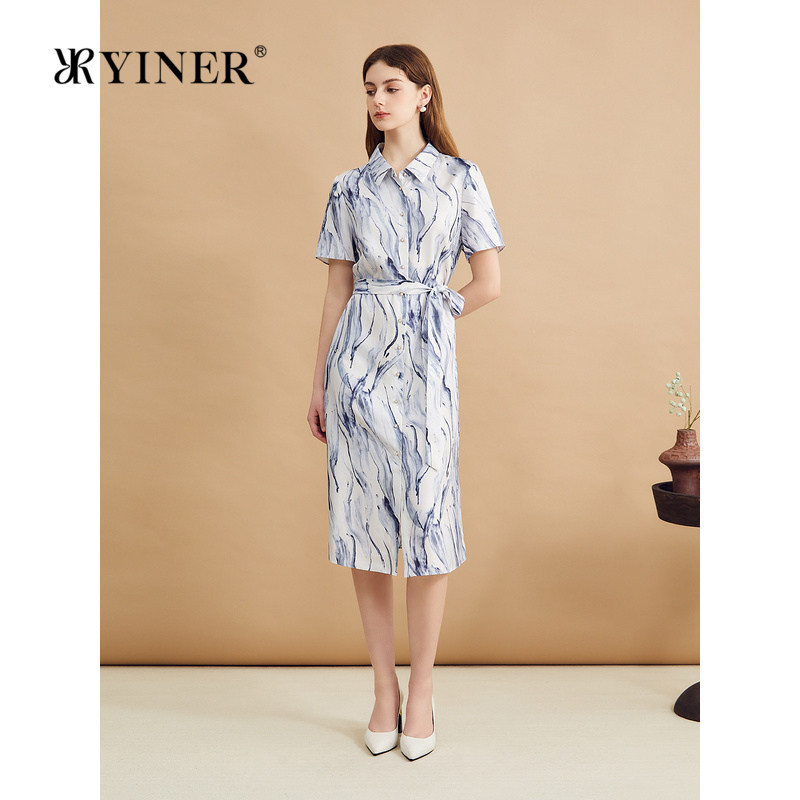 YINER音儿专选女装秋季真丝优雅水墨印花衬衫式连衣裙