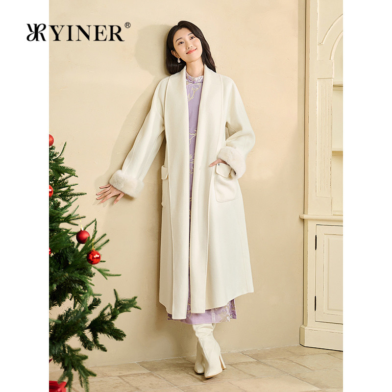YINER音儿冬季新款中长款水貂毛袖口青果领纯羊毛双面呢大衣