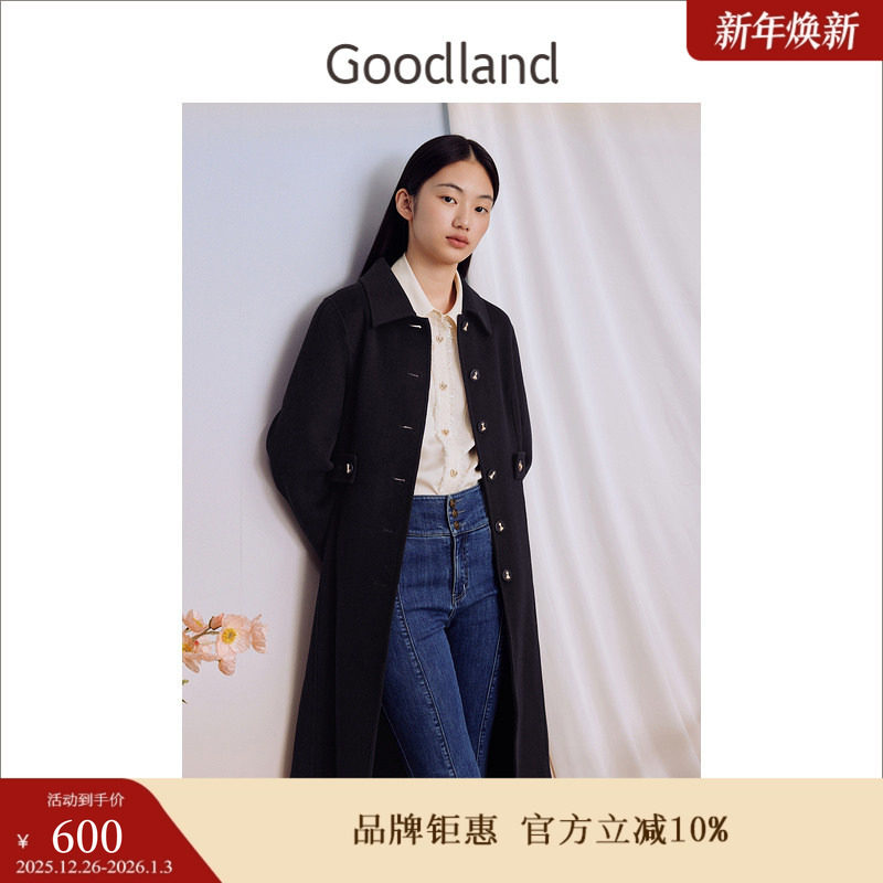 【100绵羊毛】Goodland美地女装冬季翻领外套双面毛呢大衣