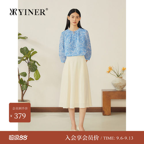 YINER音儿专选夏季新款法式方格雪纺纱印花衬衫知性轻上衣