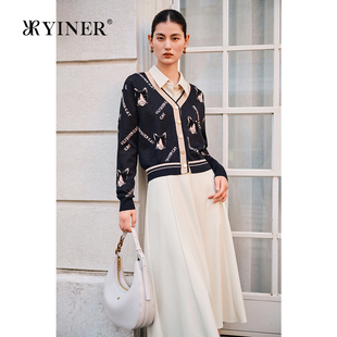 V领卡通猫咪图案提花针织开衫 时尚 春季 YINER音儿专选女装