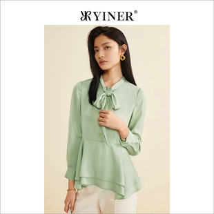 浅绿色条纹衬衫 YINER音儿女装 长袖 蝴蝶结上衣法式 春季