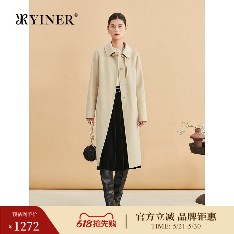 YINER音儿专选女装冬季时尚新中式羊毛混纺双面毛呢大衣外套