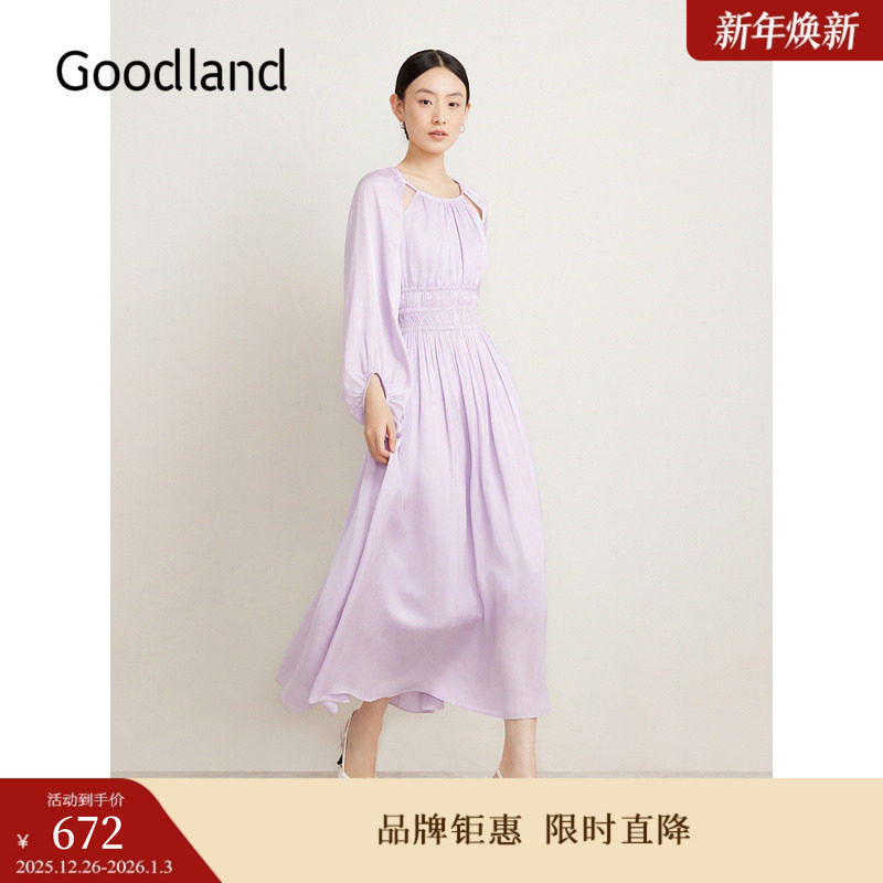 Goodland美地女装春季法式优雅海岛丝仙女裙褶裥连衣裙