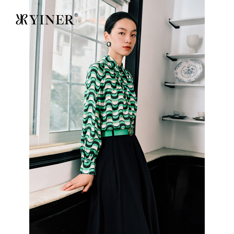【真丝系列】YINER音儿秋季弹力桑蚕丝衬衫提花波纹上衣