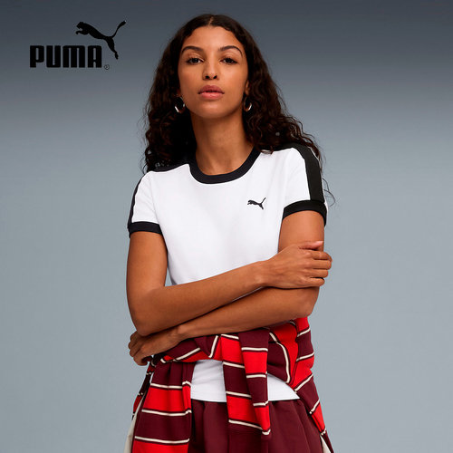PUMA彪马短款半袖2025秋女休闲黑白拼色修身短袖T恤 635876-02