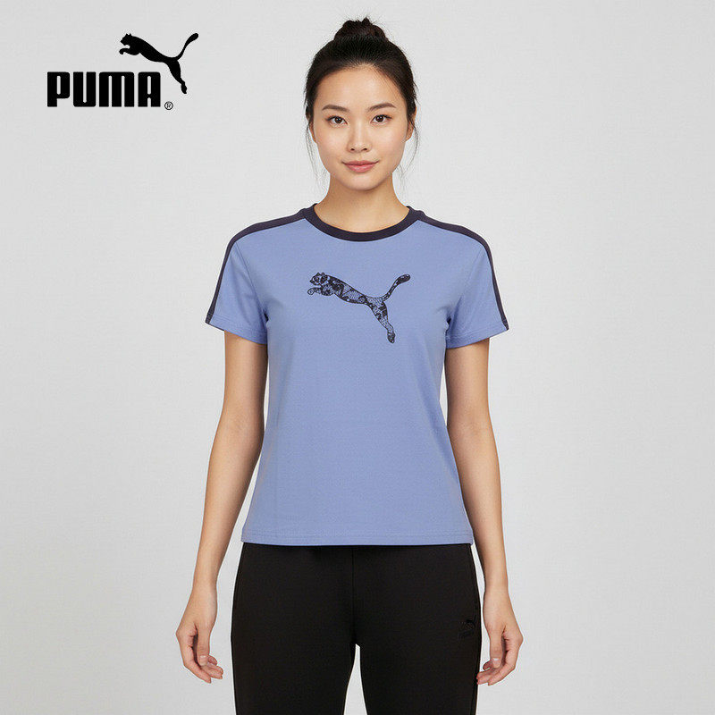 PUMA彪马夏季新款女子蕾丝logo休闲修身运动上衣短袖t恤638460-60