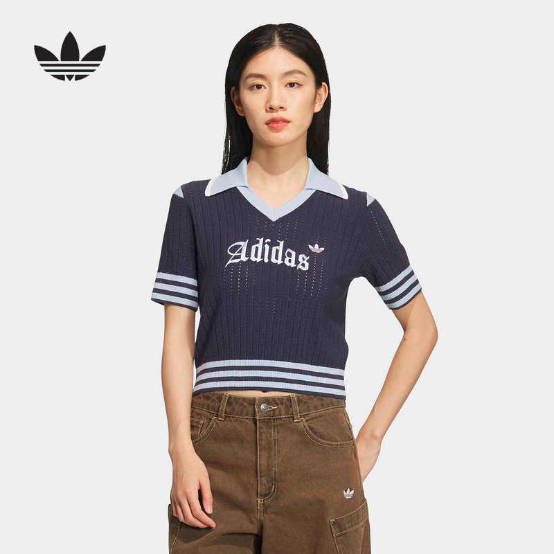 adidas阿迪达斯三叶草翻领针织运动衫女高腰短袖POLO衫T恤 KT3047 - 实物图