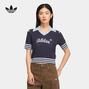 adidas阿迪达斯三叶草翻领针织运动衫女高腰短袖POLO衫T恤 KT3047