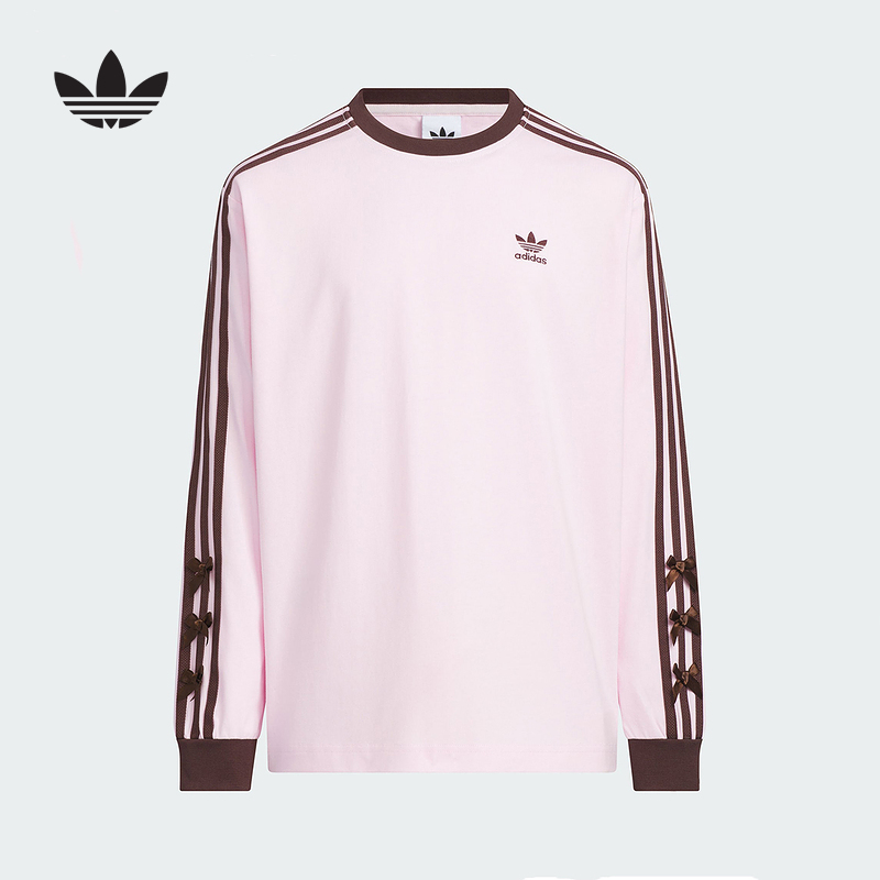 adidas阿迪达斯三叶草女大童T恤蝴蝶结细节2025秋长袖上衣HY2162