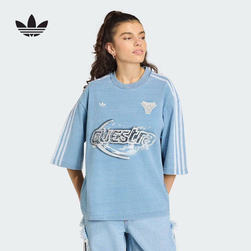 adidas阿迪达斯三叶草棉质牛仔布大号半袖丝印图案短袖T恤 KZ5011