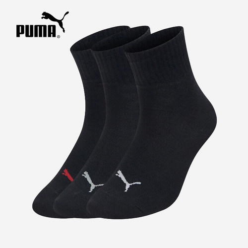 PUMA彪马黑色中筒袜25秋男女跑步篮球运动风三双装袜子 907138-01
