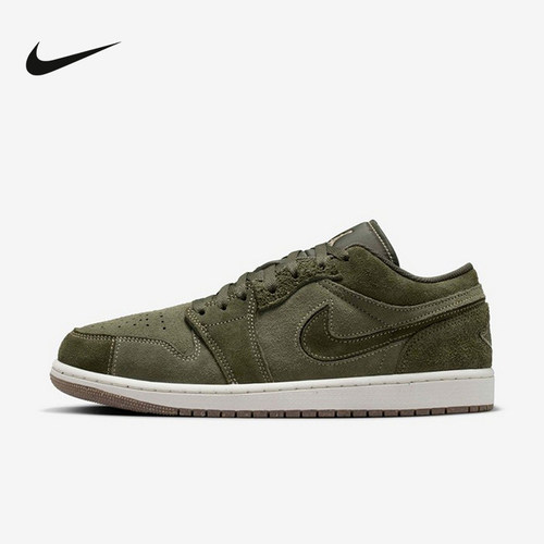 NIKE耐克男鞋AIR JORDAN 1复古橄榄绿AJ1低帮麂皮板鞋FQ3055-300