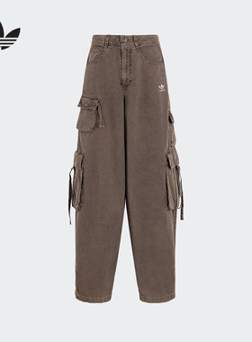 adidas阿迪达斯三叶草工装口袋运动裤2025夏女棉质牛仔长裤KD4113