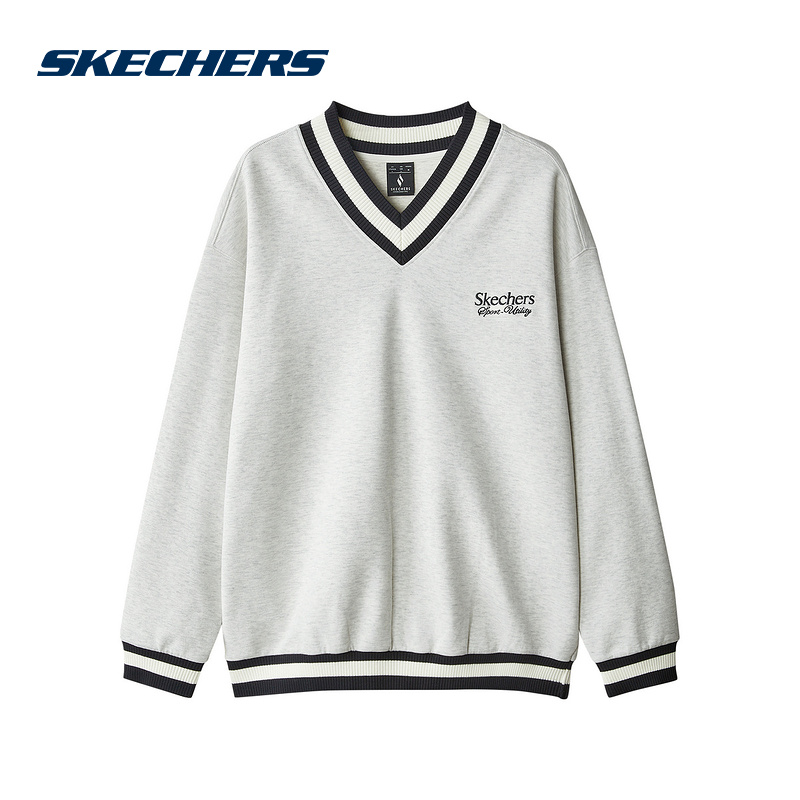 SKECHERS斯凯奇秋季男款V领灰色针织套头卫衣  L324M028-0248
