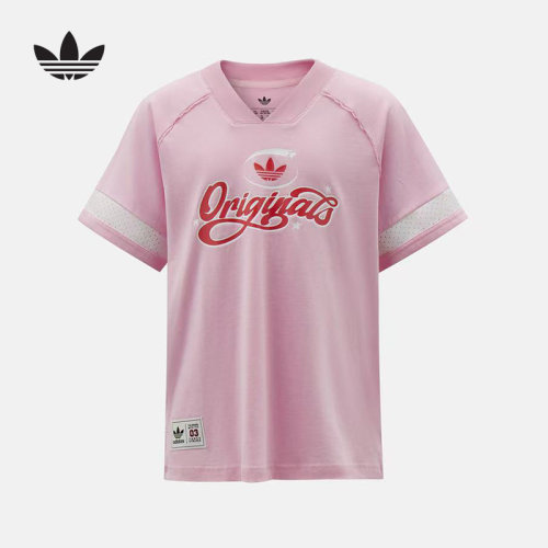 adidas阿迪达斯三叶草足球风V领半袖T恤夏女大童短袖上衣 KW2272