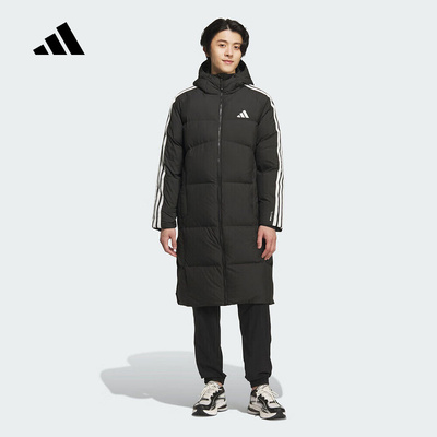 adidas阿迪达斯三条纹鸭绒连帽长款羽绒服男外套 KC2498