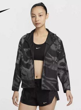 NIKE耐克外套女25春新款运动休闲图案印花连帽夹克黑色HJ2194-010