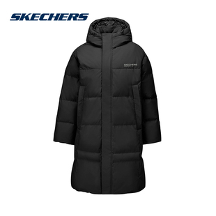 SKECHERS斯凯奇黑色长款过膝外套冬中性连帽羽绒服 L425U014-0018