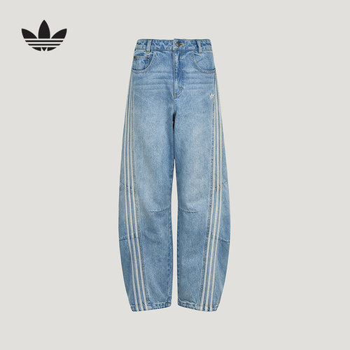 adidas阿迪达斯三叶草弯刀裤秋女宽松运动三条纹牛仔长裤 LF2319