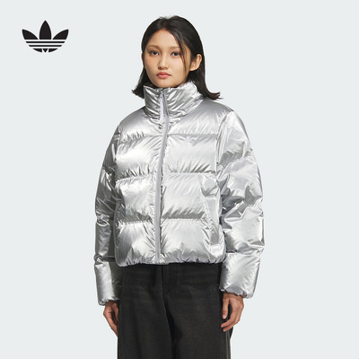 adidas阿迪达斯三叶草亮面立领鸭绒面包服2025冬女短羽绒服KC5402