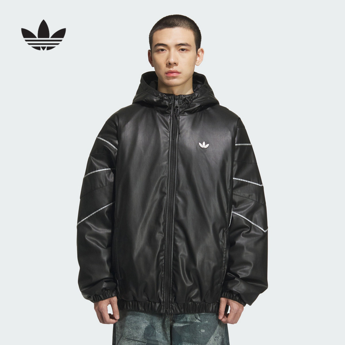 adidas阿迪达斯三叶草PU连帽棉服2025冬OVERSIZED保暖夹克 KC2653