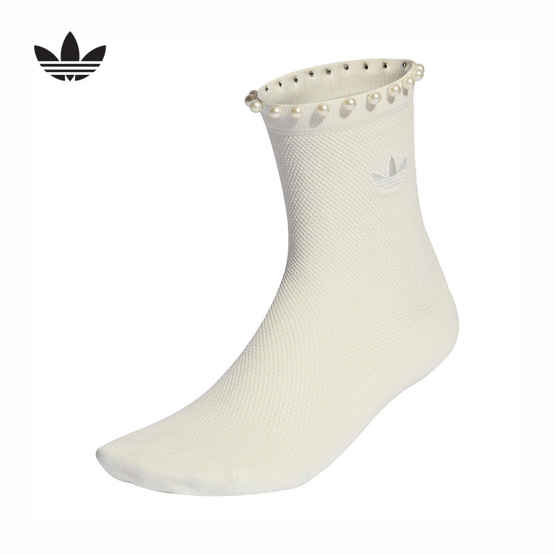 adidas阿迪达斯三叶草中短袜春女精致优雅珍珠铆钉配饰袜子KD8378