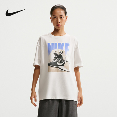NIKE耐克女子印花T恤夏季宽松棉质上衣休闲短袖针织衫IR7588-121
