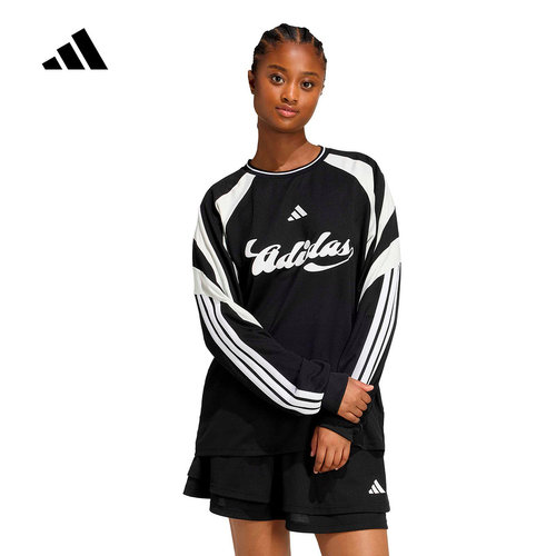 adidas阿迪达斯足球风个性运动休闲宽松上衣26春女长袖T恤 JY7638