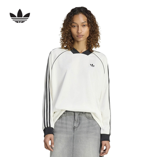 adidas阿迪达斯三叶草提花亲肤宽松球衣T恤26春女长袖上衣 KG3711