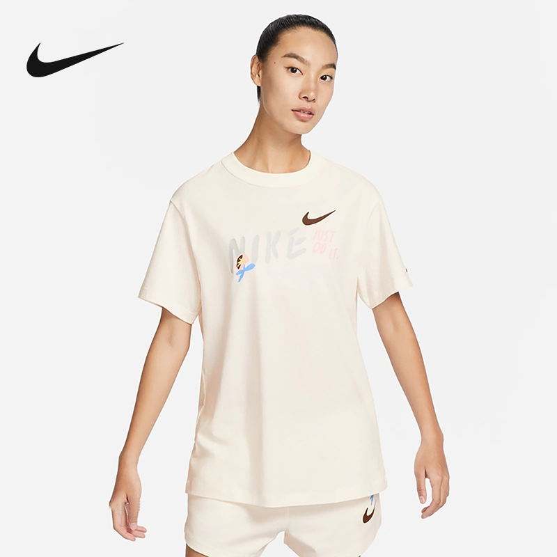 Nike耐克女子T恤夏新宽松 印花针织棉舒适圆领短袖FJ7714-133