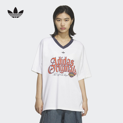 adidas阿迪达斯V领橄榄球风大号oversized半袖夏女短袖T恤 KT3062