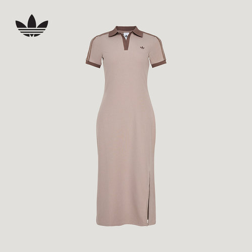 adidas阿迪达斯三叶草侧开叉长裙夏女翻领POLO罗纹连衣裙 KY5699
