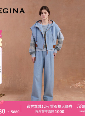 [绵羊毛]GEGINA吉吉娜秋冬季新品蓝色高腰宽松休闲裤女慵懒风