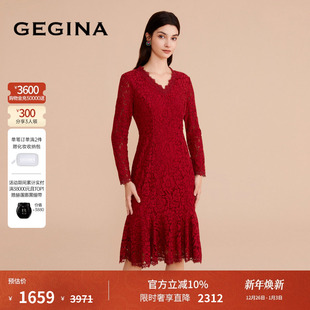 重工蕾丝连衣裙女中长款 GEGINA吉吉娜新款 V领高腰裙 蕾丝